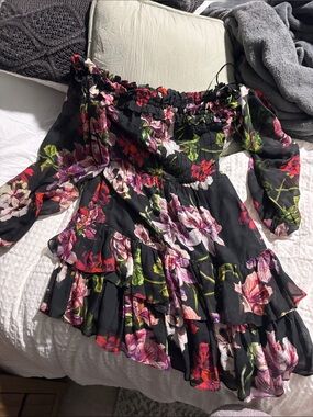 Off-Shoulder Black Floral Ruffled Women’s Dress